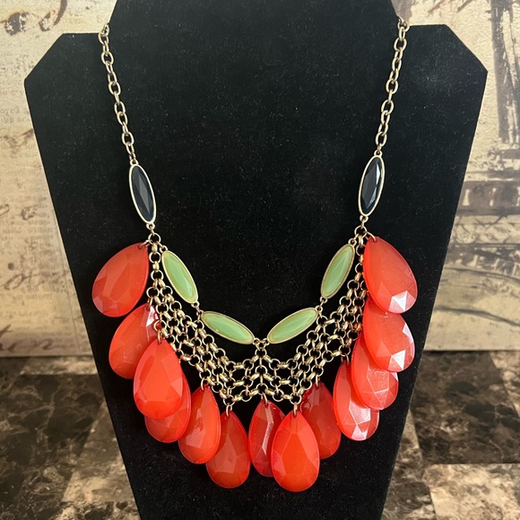 NECKLACE LARGE BEADED ORANGE AND GREEN COLOR EUC - Picture 2 of 4